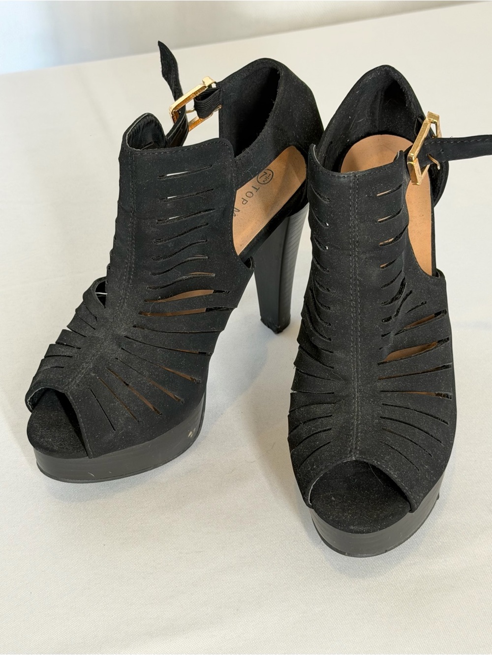 TOP Moda Black Laser-Cut Peep-Toe Platform Heels